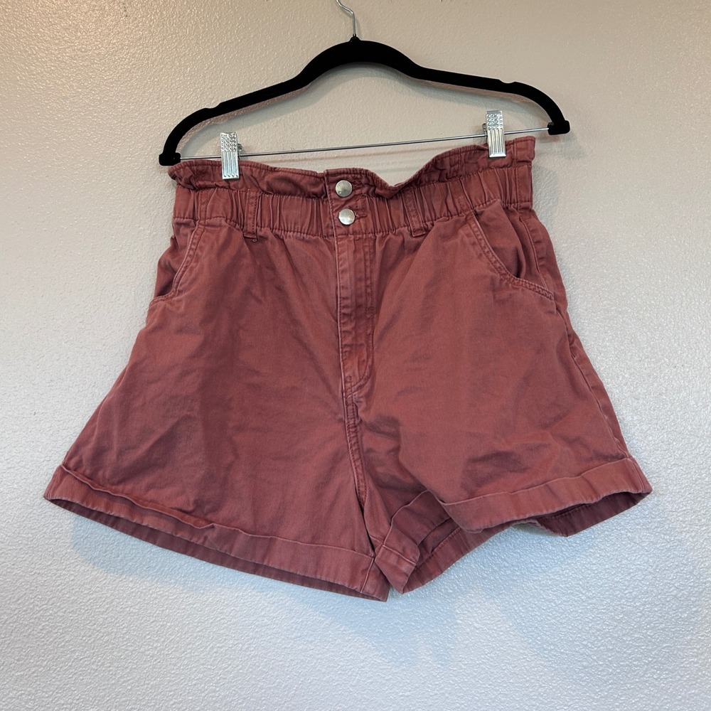 HM Womens High Waisted Paperbag Shorts Terracotta Pink Cotton Size 10